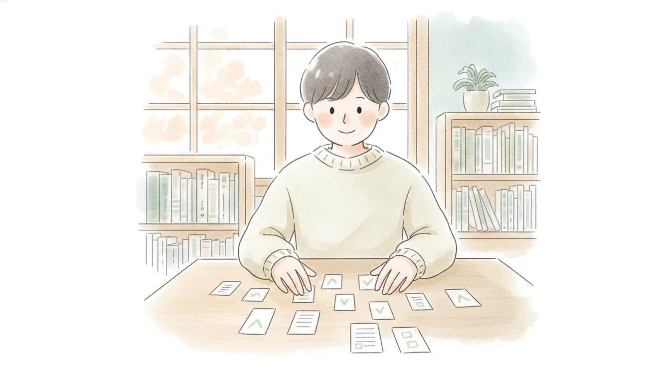 暗記カードで覚える学生のイラスト