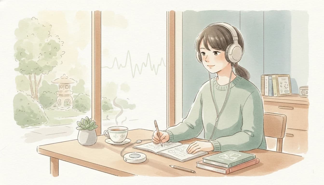 BGMを聴きながら勉強する学生のイラスト