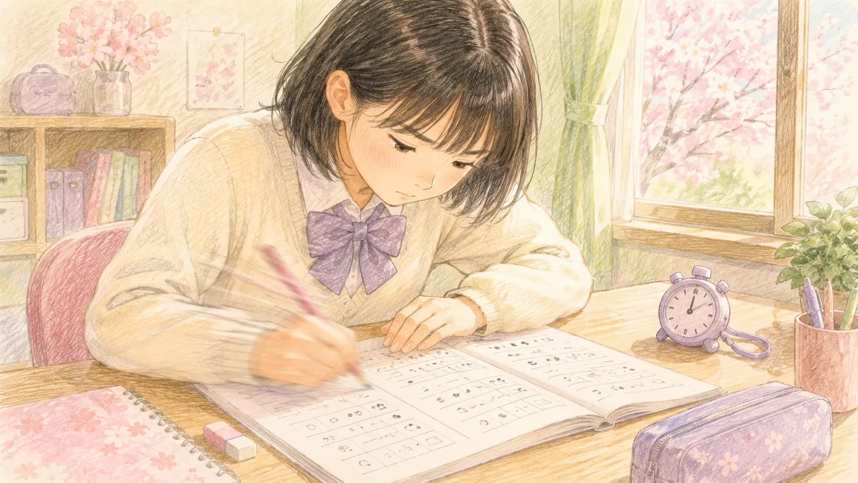 高速で計算演習を進める中学生のイラスト