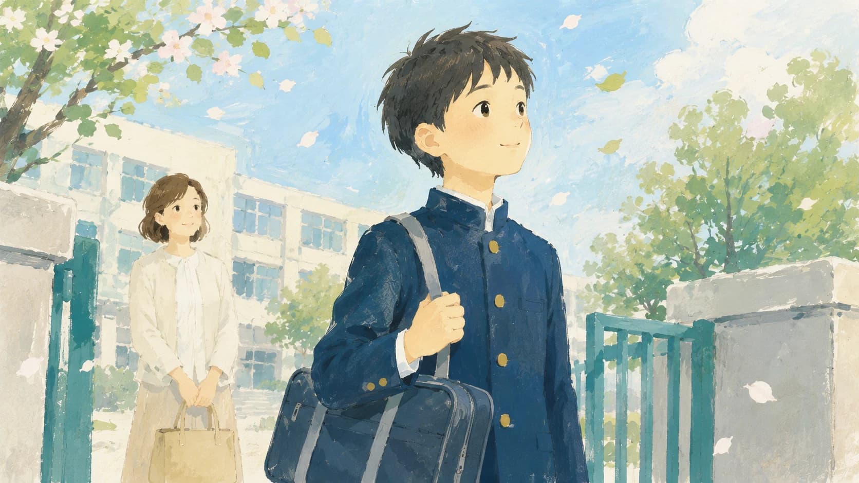 中学校入学を迎える生徒と見守る保護者のイラスト