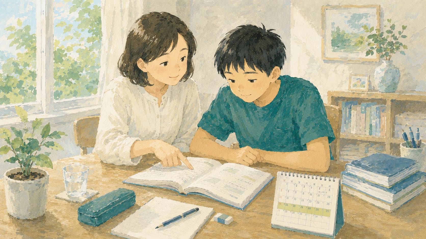 中1の夏休みに家庭教師と一緒に「戻り先」を見つけて立て直す中学生のイラスト