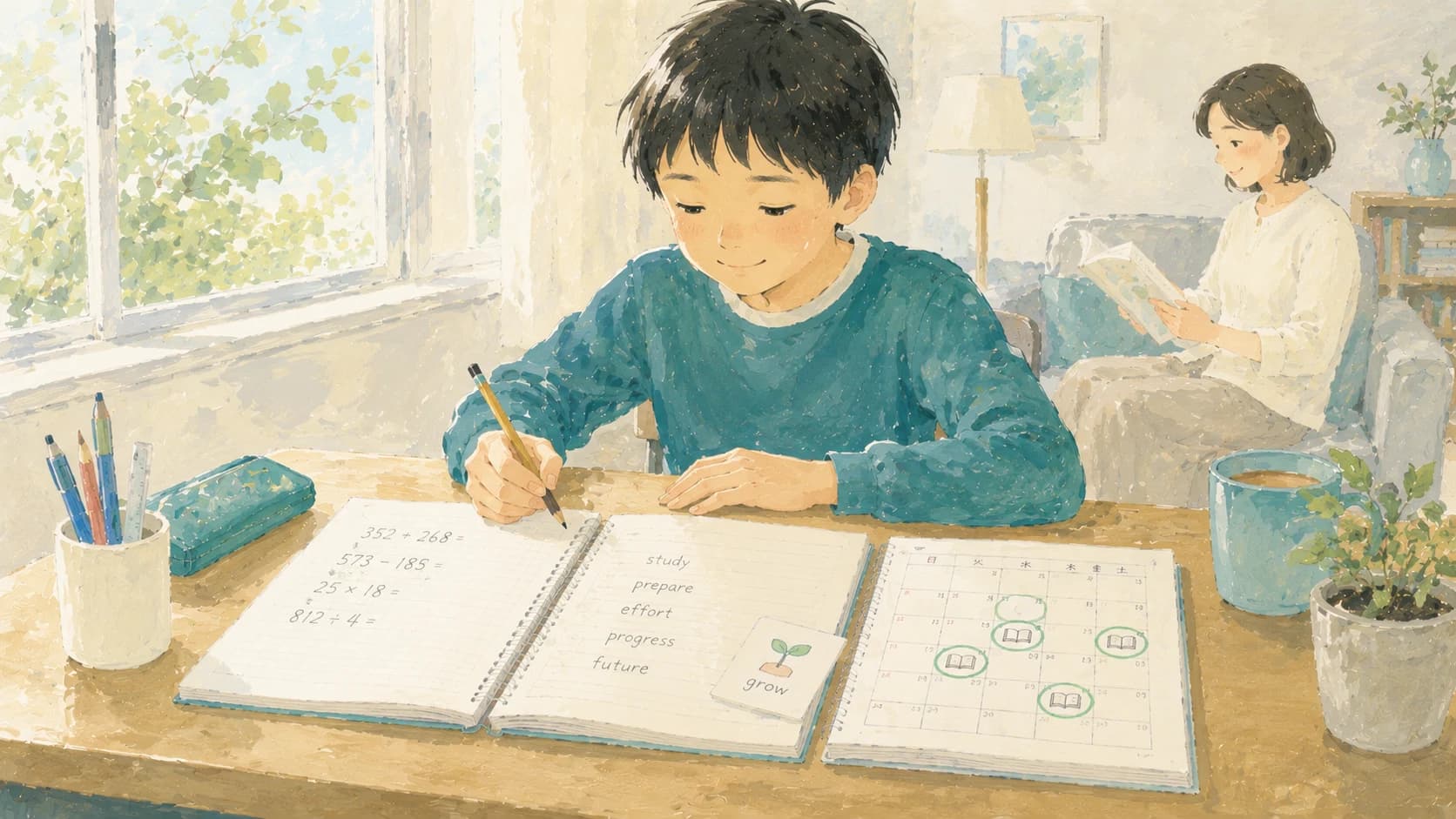 春休みに中学準備として計算・英単語・学習リズムに取り組む小学生のイラスト