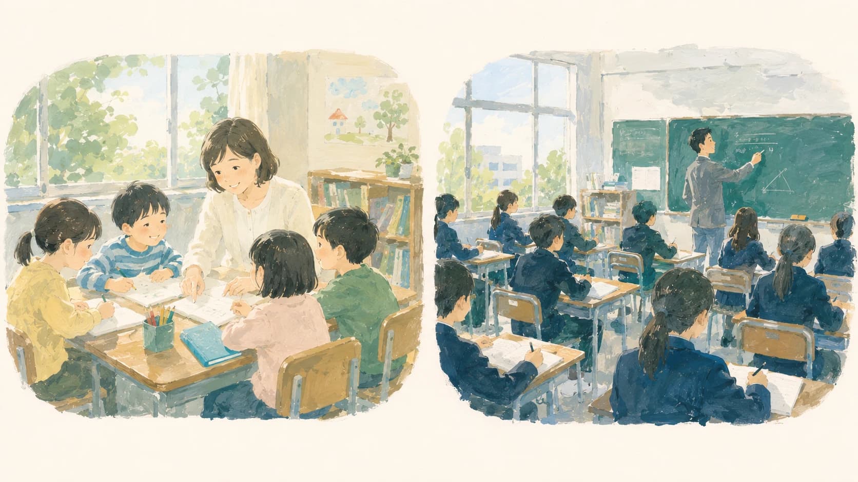 小学校と中学校の授業の進み方の違いを並べたイラスト