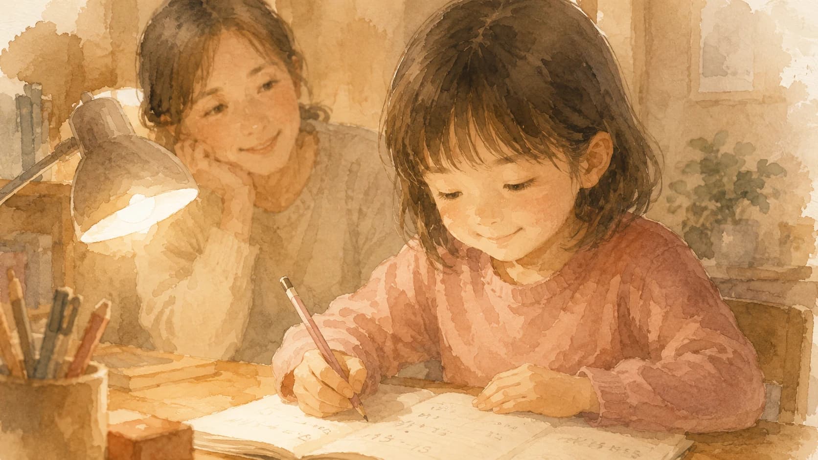 問題が解けて静かに達成感を感じる子どもと見守る保護者のイラスト