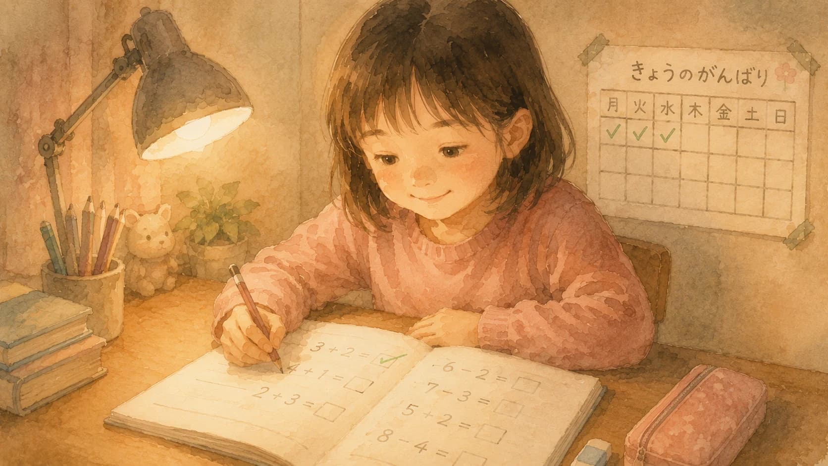 自分に合ったレベルの問題を解いて小さな成功を積む子どものイラスト