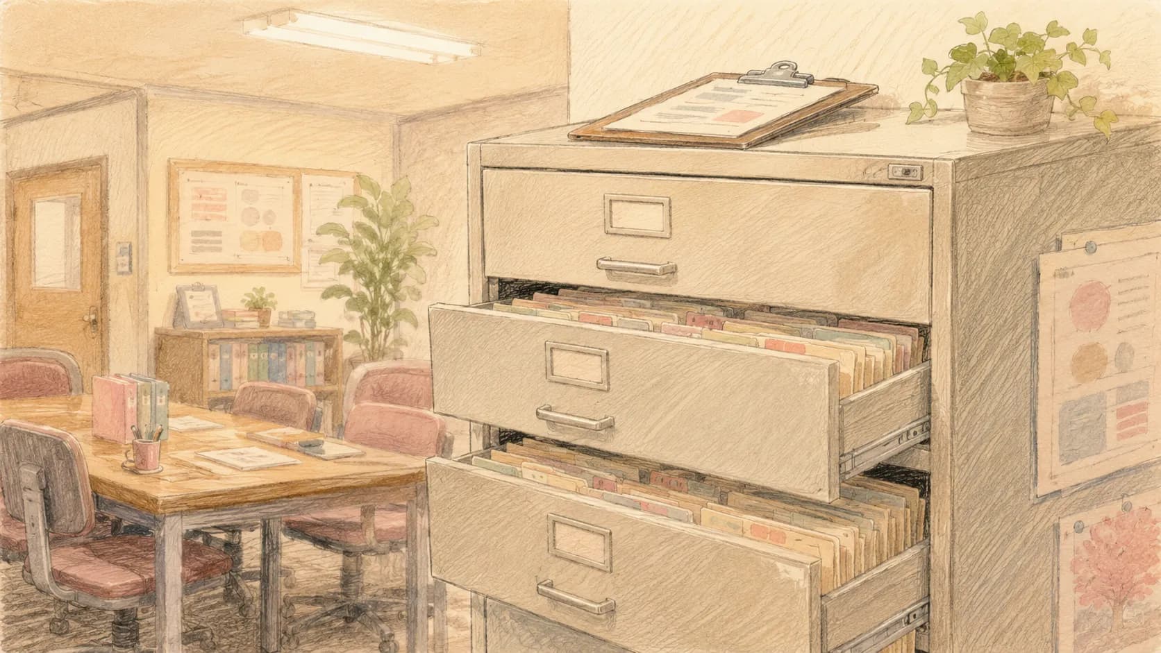 学校別過去テストをストックする塾の書類棚のイラスト