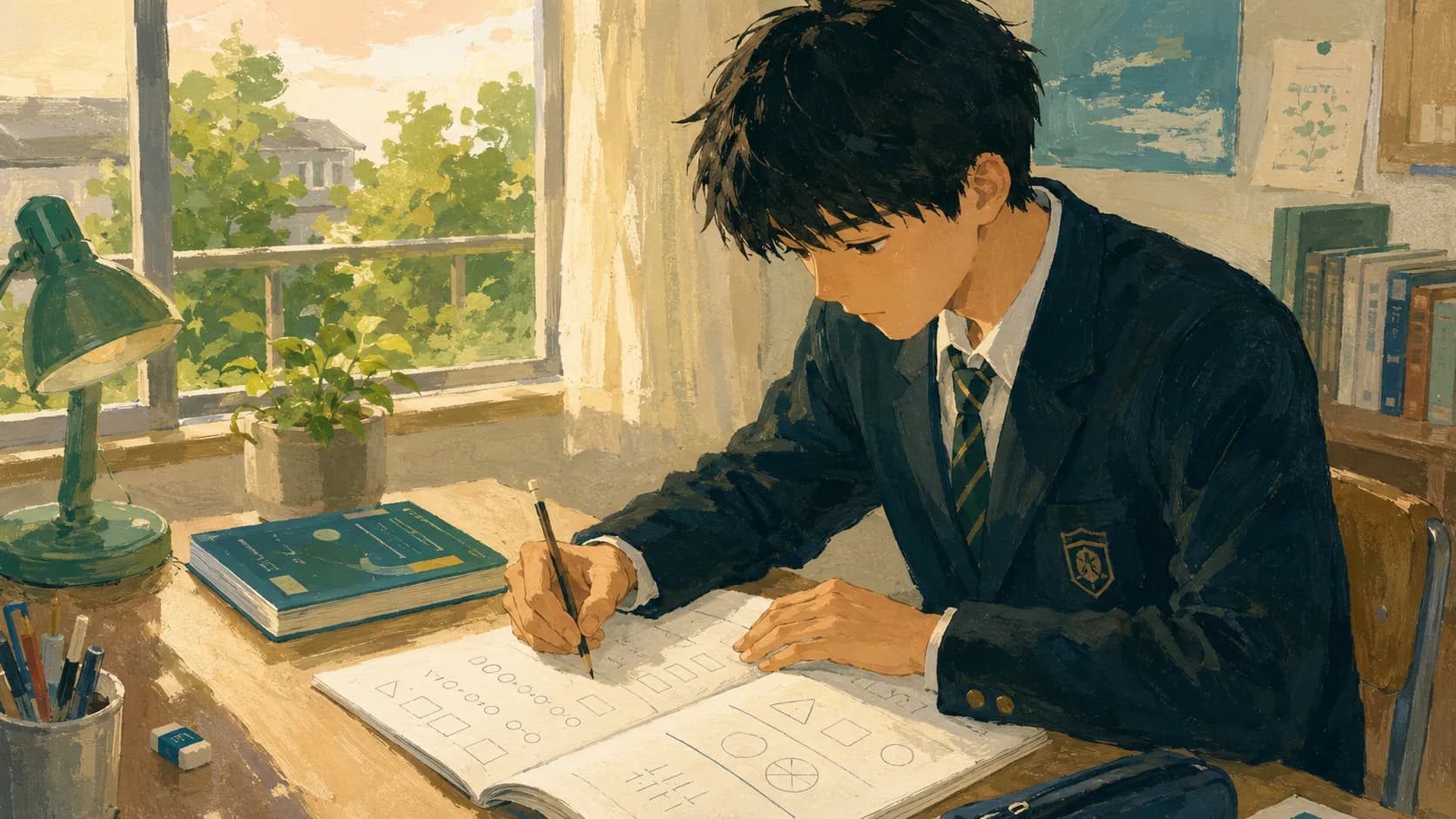 下学年の単元に戻って基礎から積み直す高校生のイラスト
