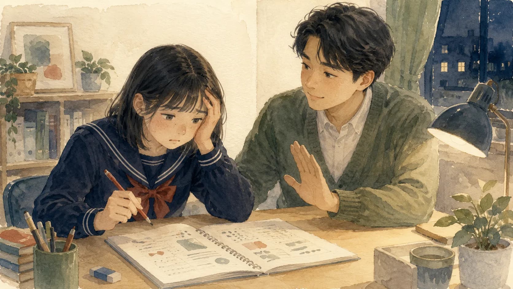混乱した生徒の手をいったん止めさせる家庭教師のイラスト