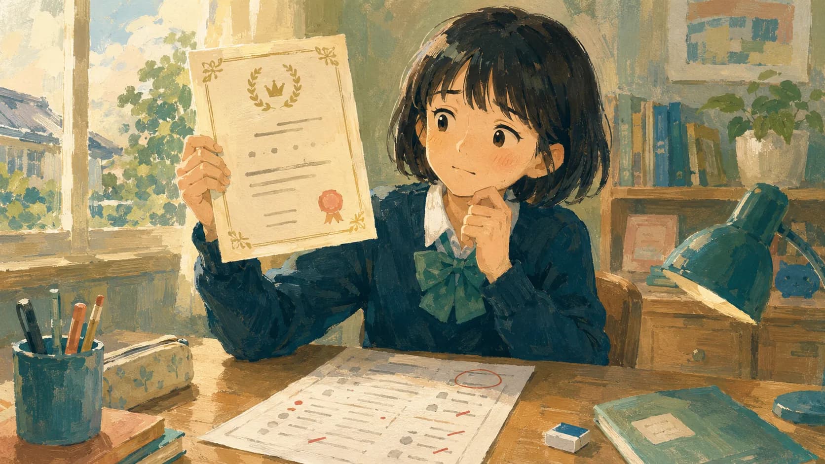 英検合格証と低い英語テストの点数を前にした中学生のイラスト