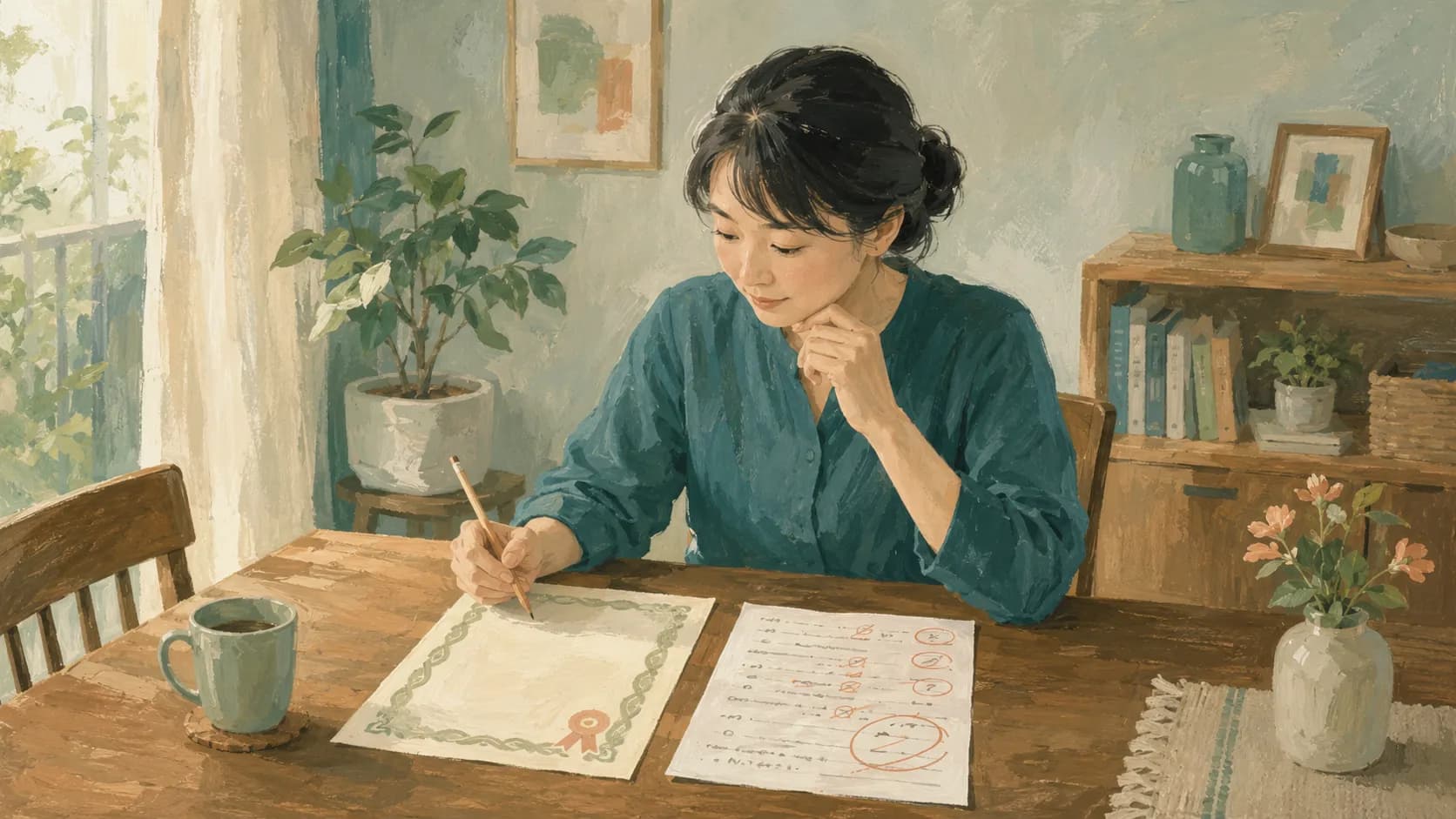 英検結果と学校英語の点数を並べて確認する保護者のイラスト
