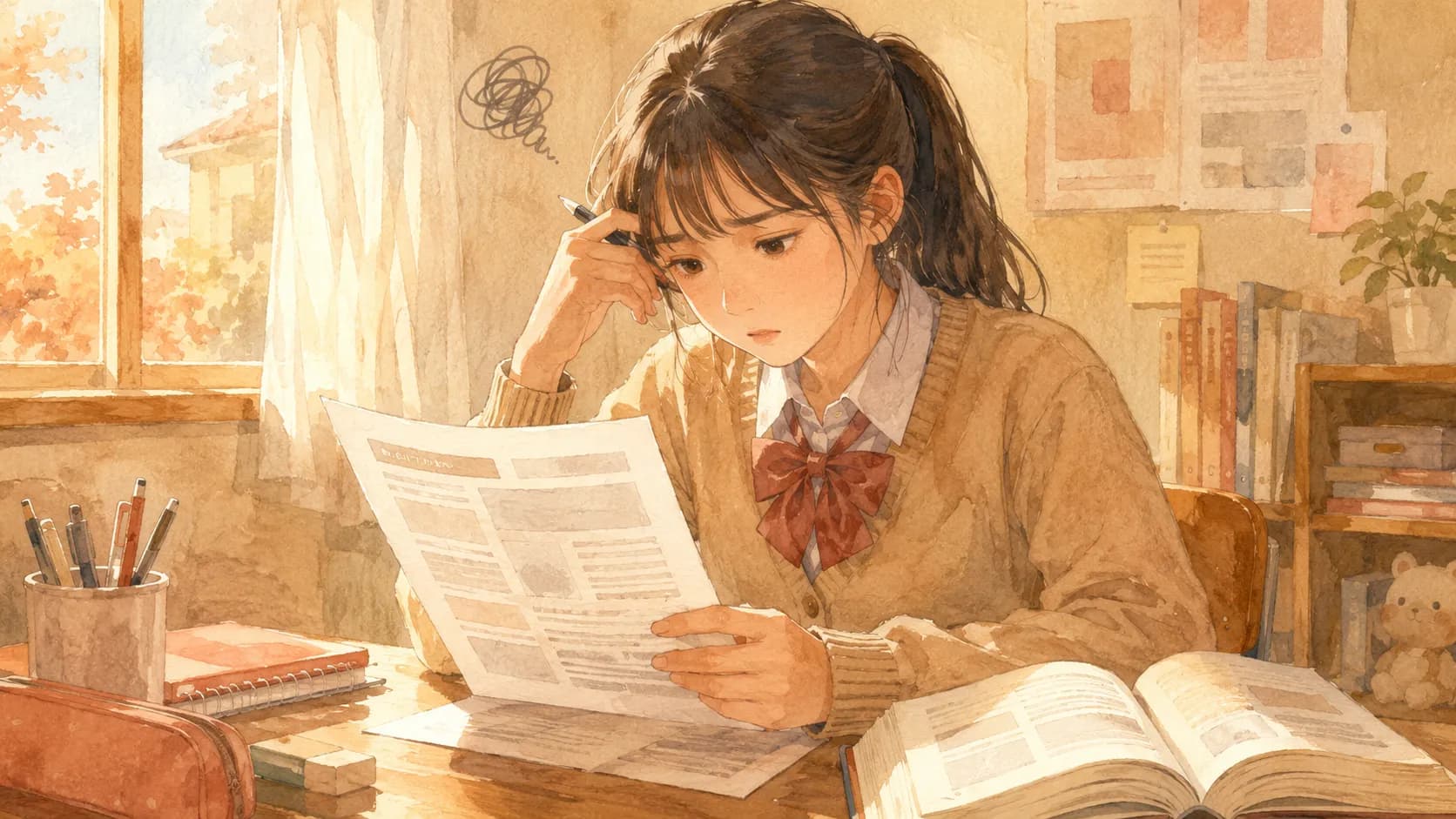 単語は分かるのに長文の意味が取れない高校生のイラスト