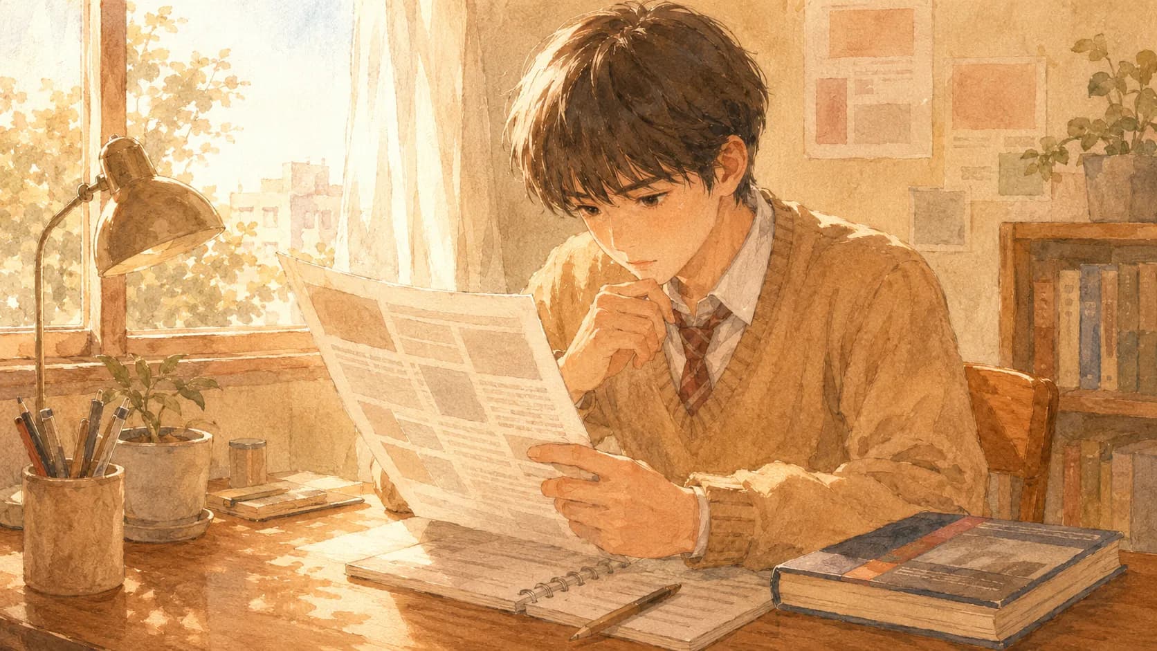 英語長文の前に日本語の論説文を読む高校生のイラスト