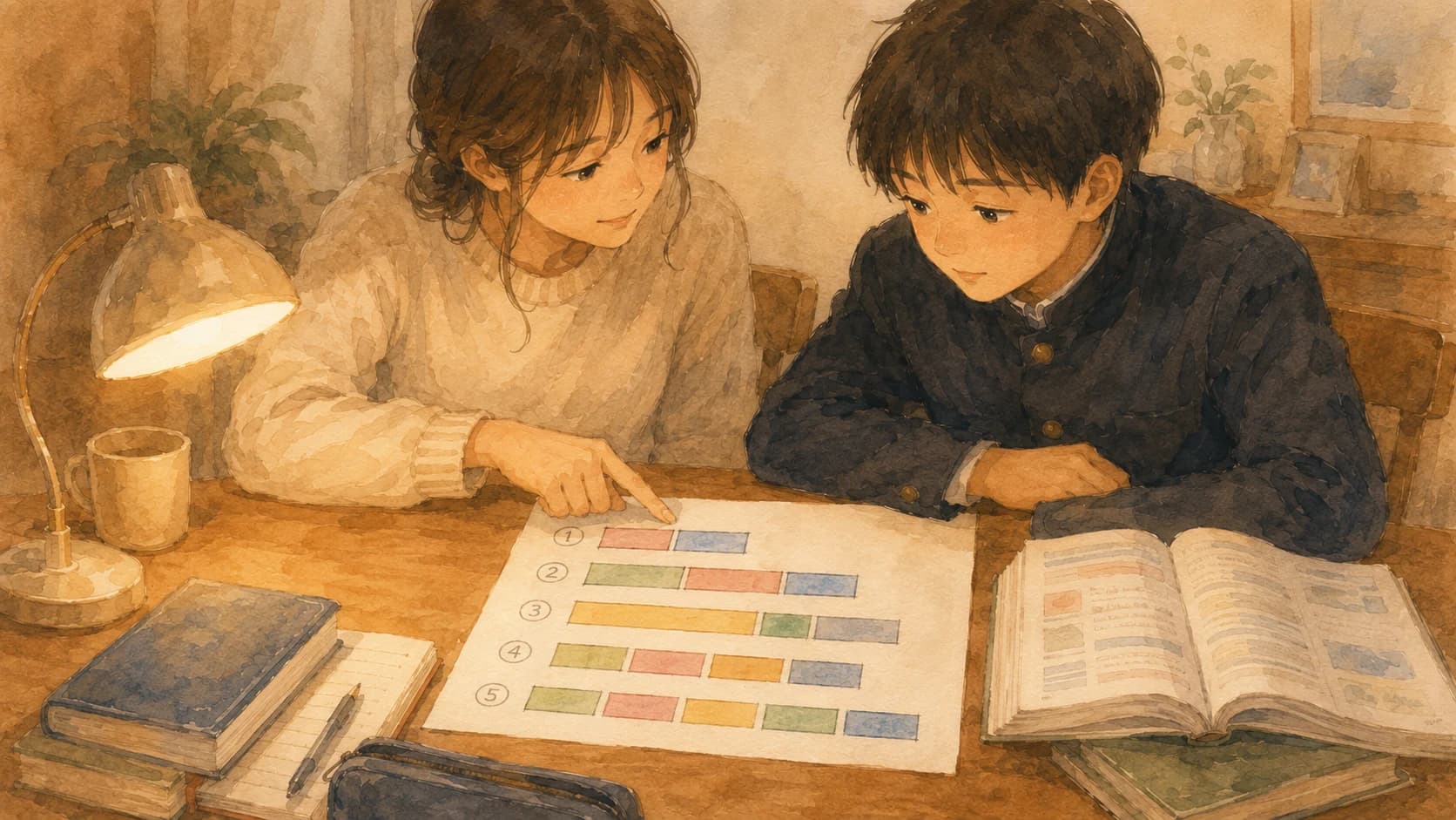 英語の5文型を視覚的に表したイラストと家庭教師に教わる生徒のイラスト