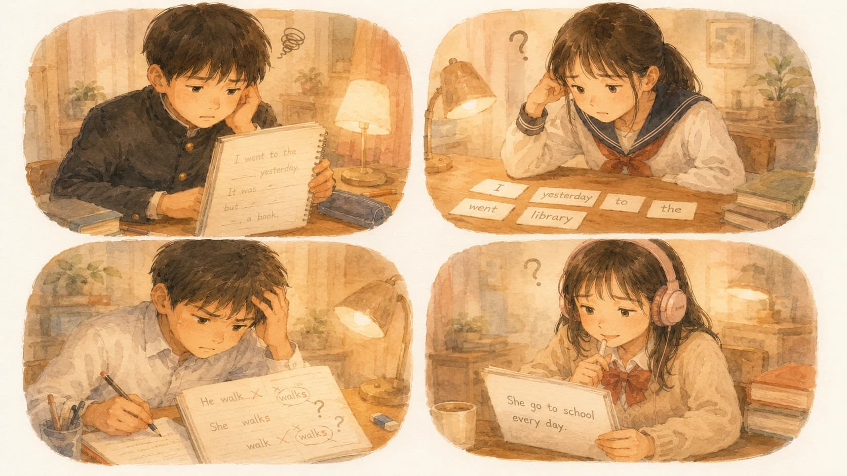 英語が苦手になる4つのタイプを並べたイラスト