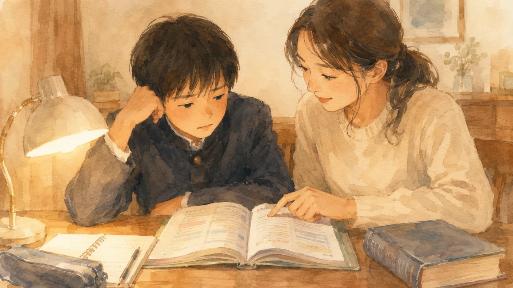 英語の教科書を前に家庭教師と一緒に取り組む中学生のイラスト