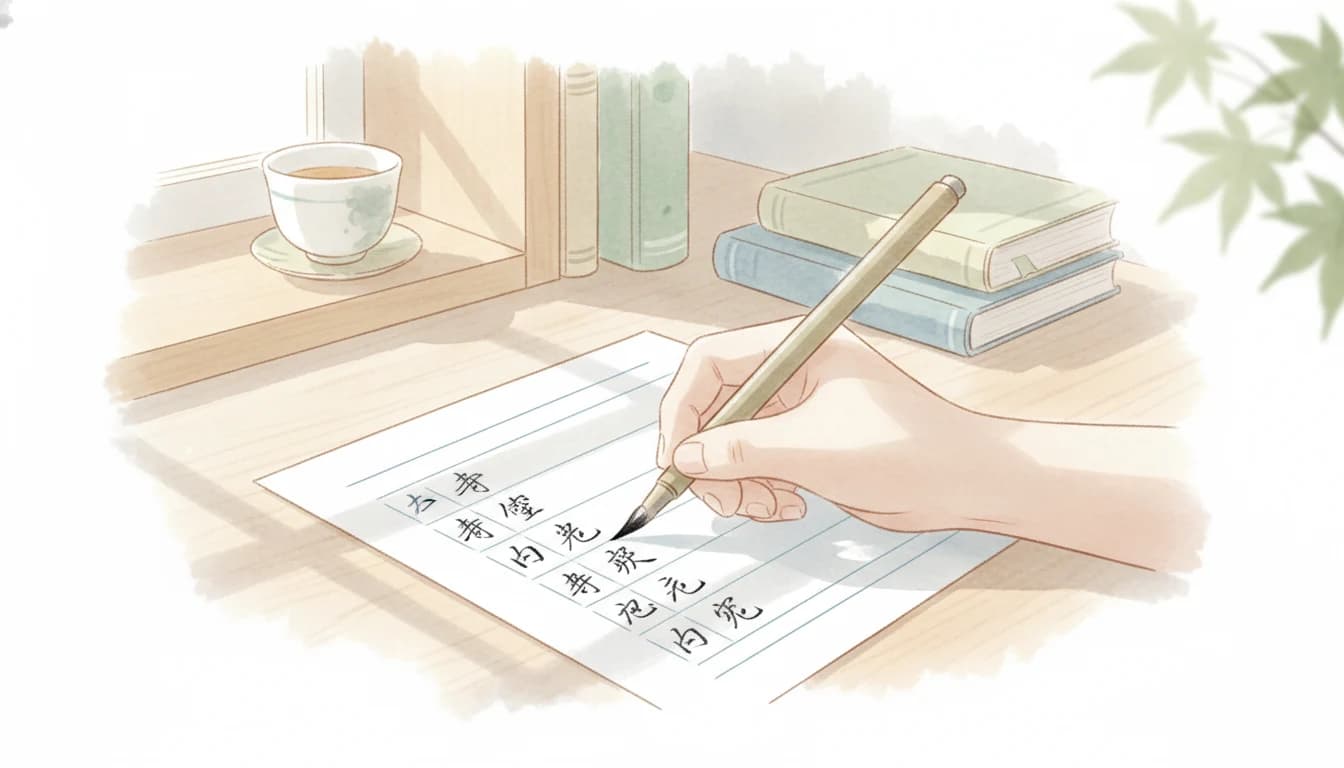 丁寧に答案に書き込む受験生の手元イラスト