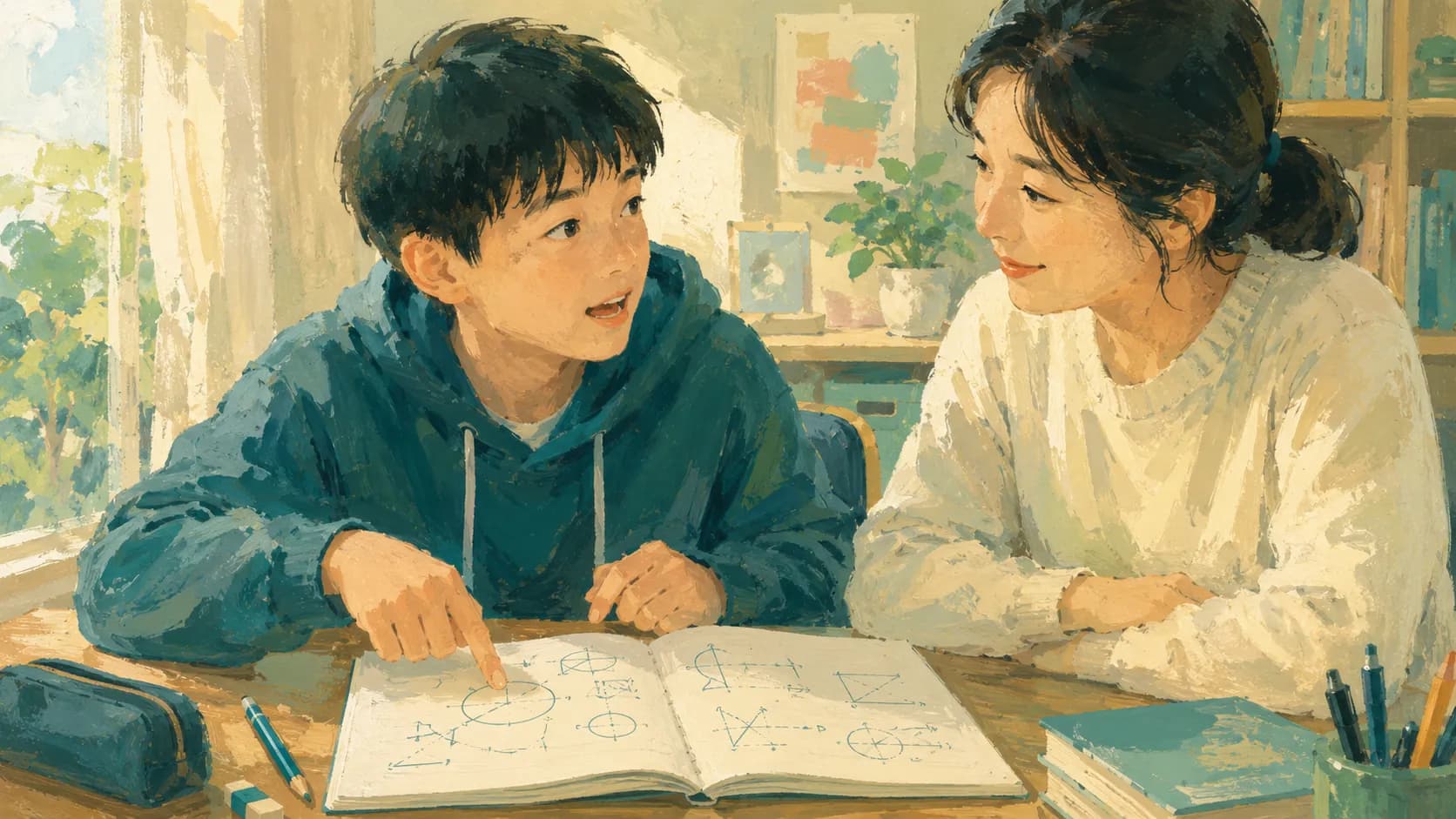 解いた問題の解法を口で説明する中学生のイラスト