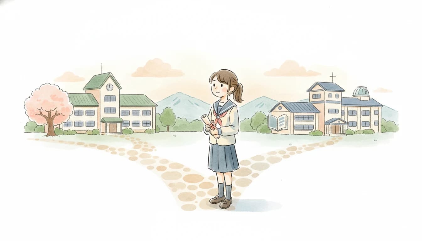 第一志望と第二志望のどちらに進むか考える高校生のイラスト
