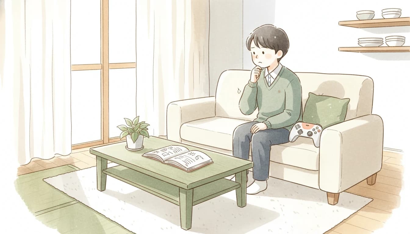 ゲームと勉強のバランスを考える中学生のイラスト