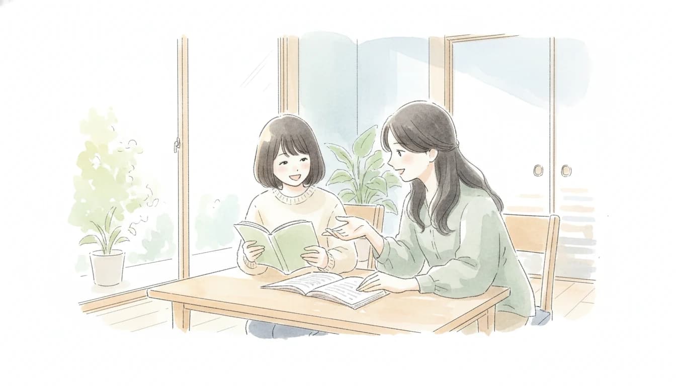 女性の家庭教師に教わる女子生徒のイラスト