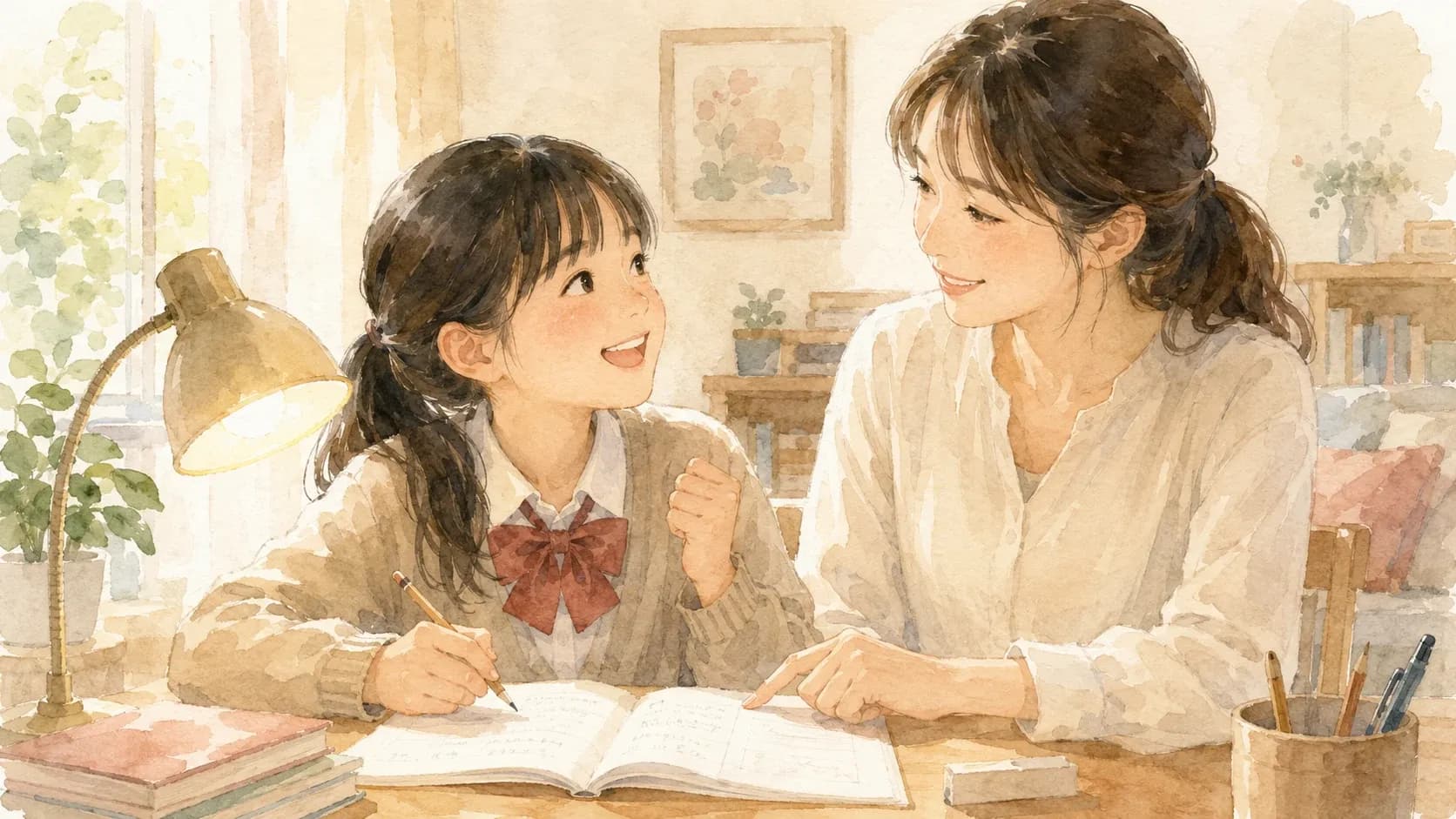 指導力のある家庭教師に教わり、内容を理解できた生徒のイラスト