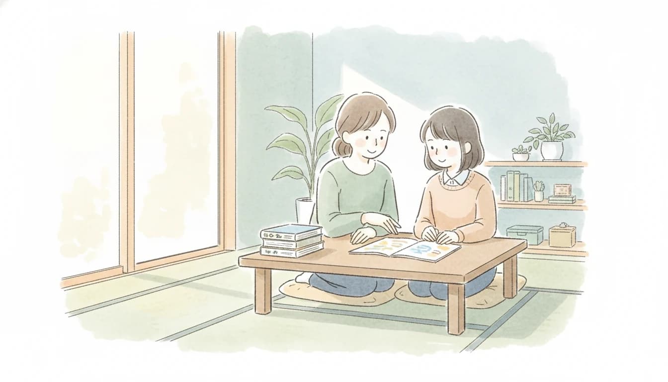 受験経験を活かして指導する家庭教師と生徒のイラスト