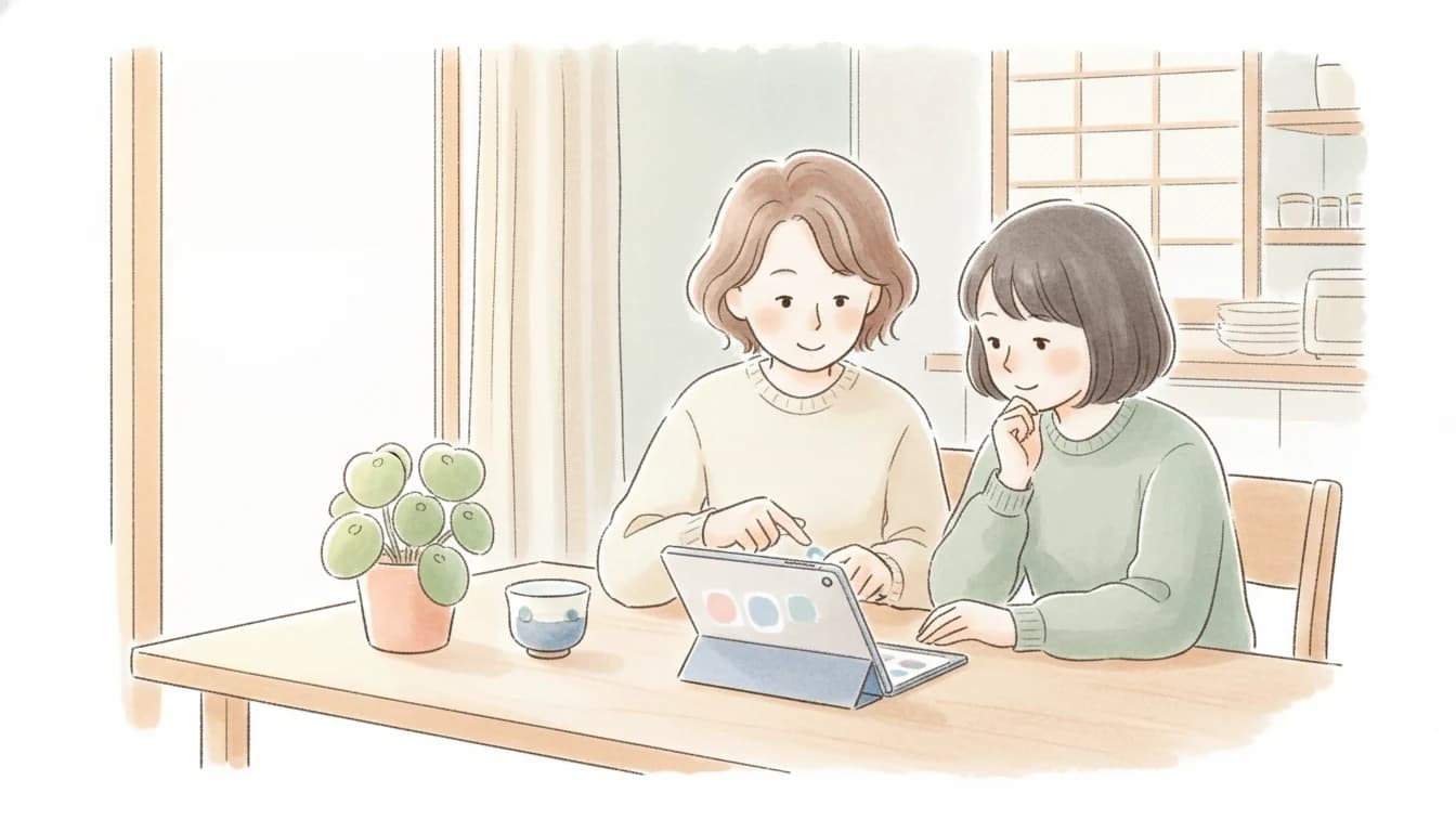 親子で一緒に家庭教師を選ぶシーンのイラスト