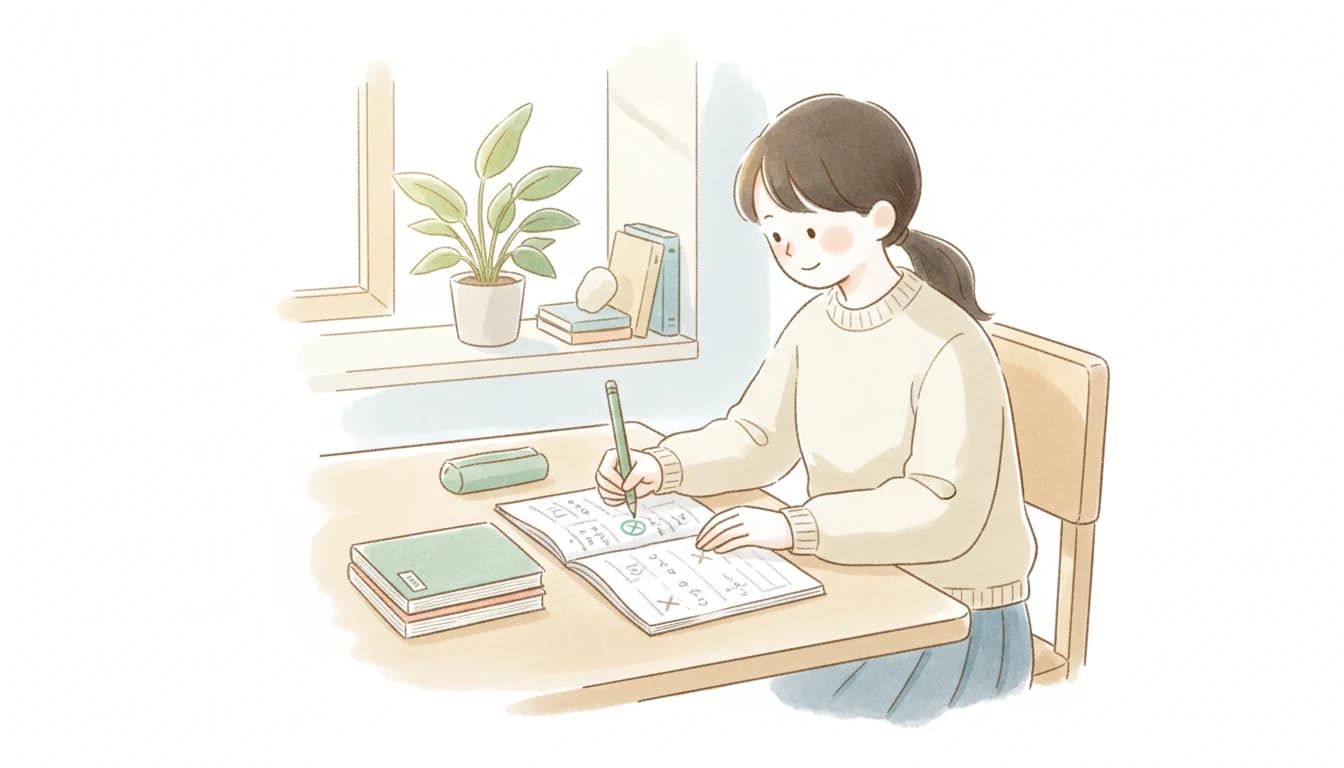 問題集を解いて学校のテスト対策をする高校生のイラスト