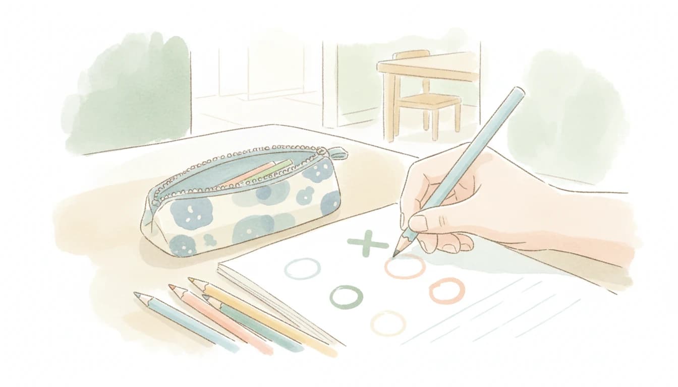 問題集に色分けして丸付けをする生徒のイラスト