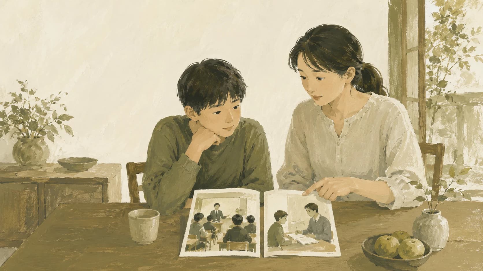 塾と家庭教師の選択肢を家族で話し合うイラスト