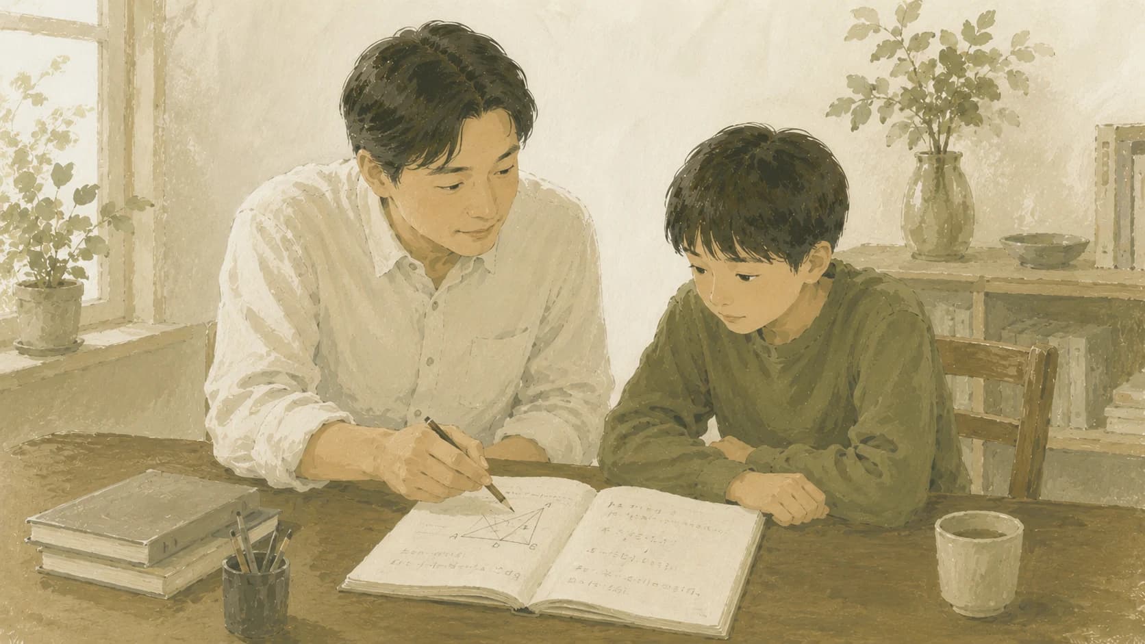 指導技術の確かさが結果を分けることを表す家庭教師と生徒のイラスト