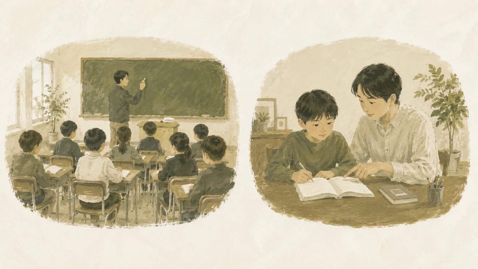 塾と家庭教師の構造的な違いを並べたイラスト