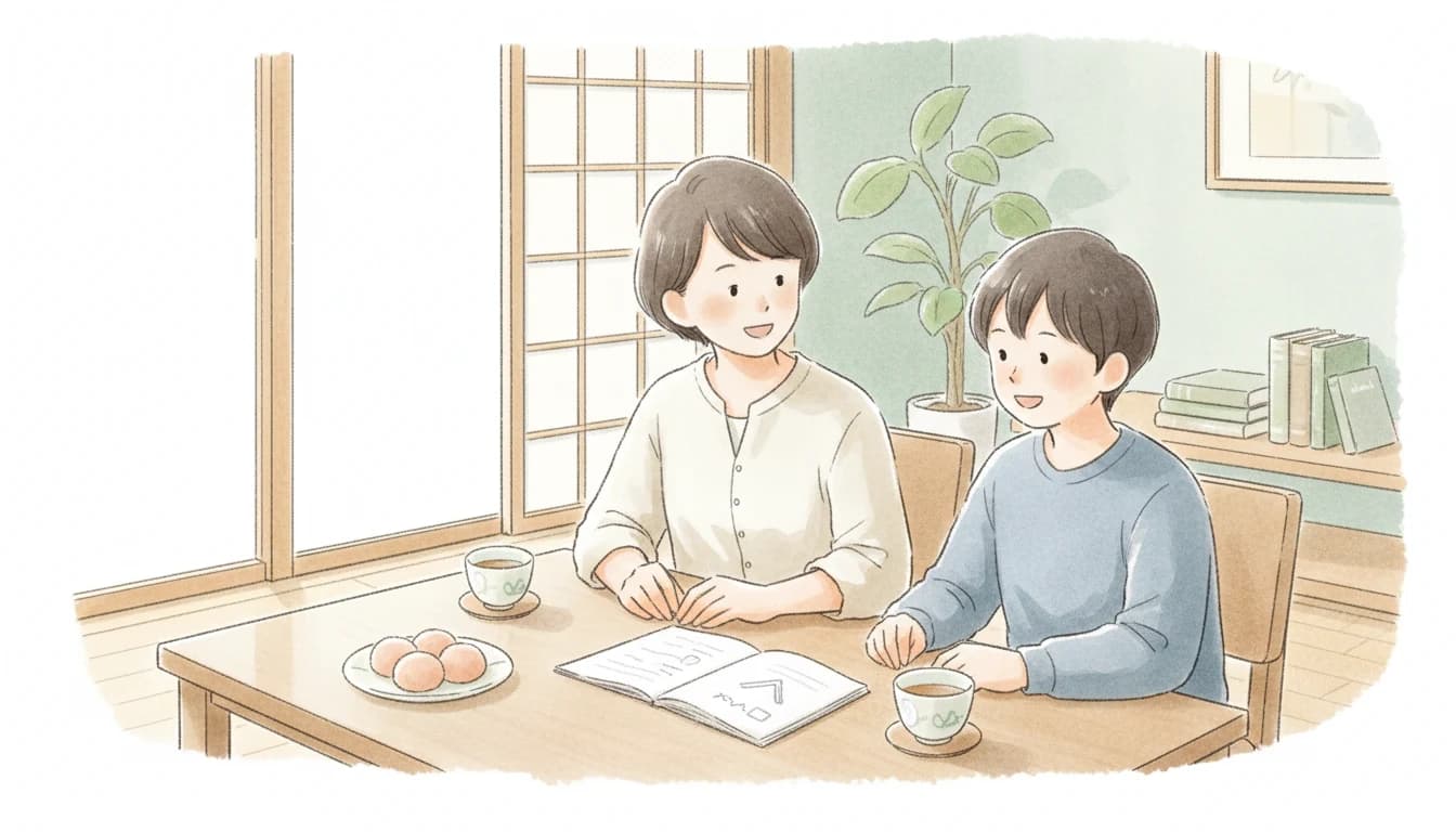 家族で家庭教師の形態を決めた後の穏やかなシーンのイラスト