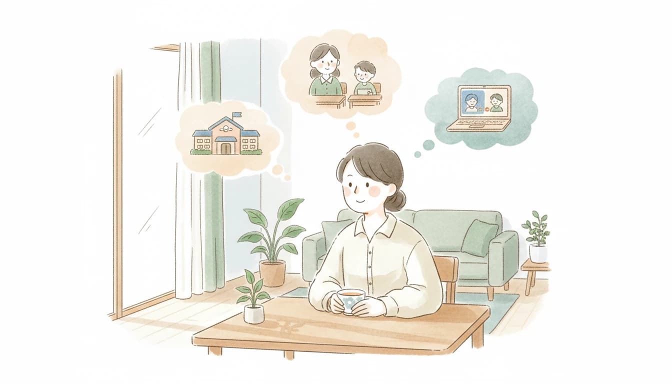 個別塾・家庭教師・オンライン家庭教師の3つの選択肢を考える保護者のイラスト