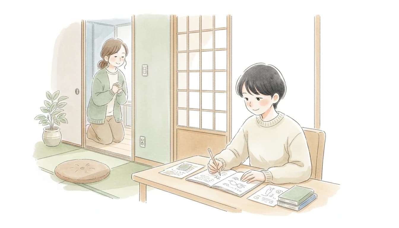 家庭という落ち着いた環境で集中して学ぶ中学生のイラスト