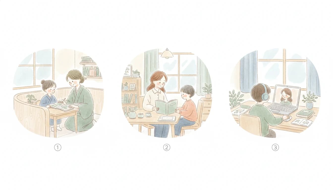 個別指導塾・家庭教師・オンライン家庭教師の3つの学習形態を並べたイラスト