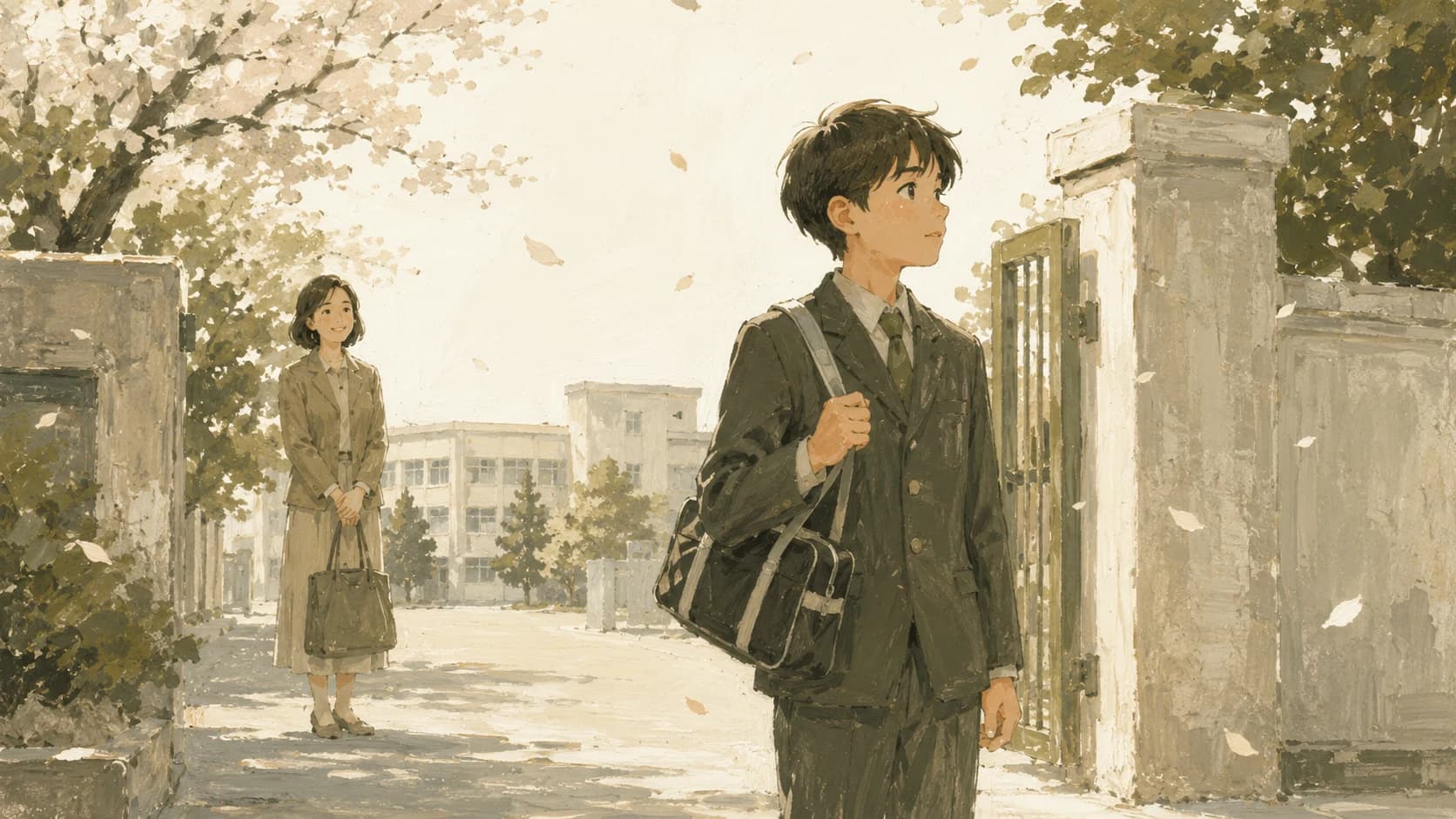 高校入学を迎える新高1生と見守る保護者のイラスト