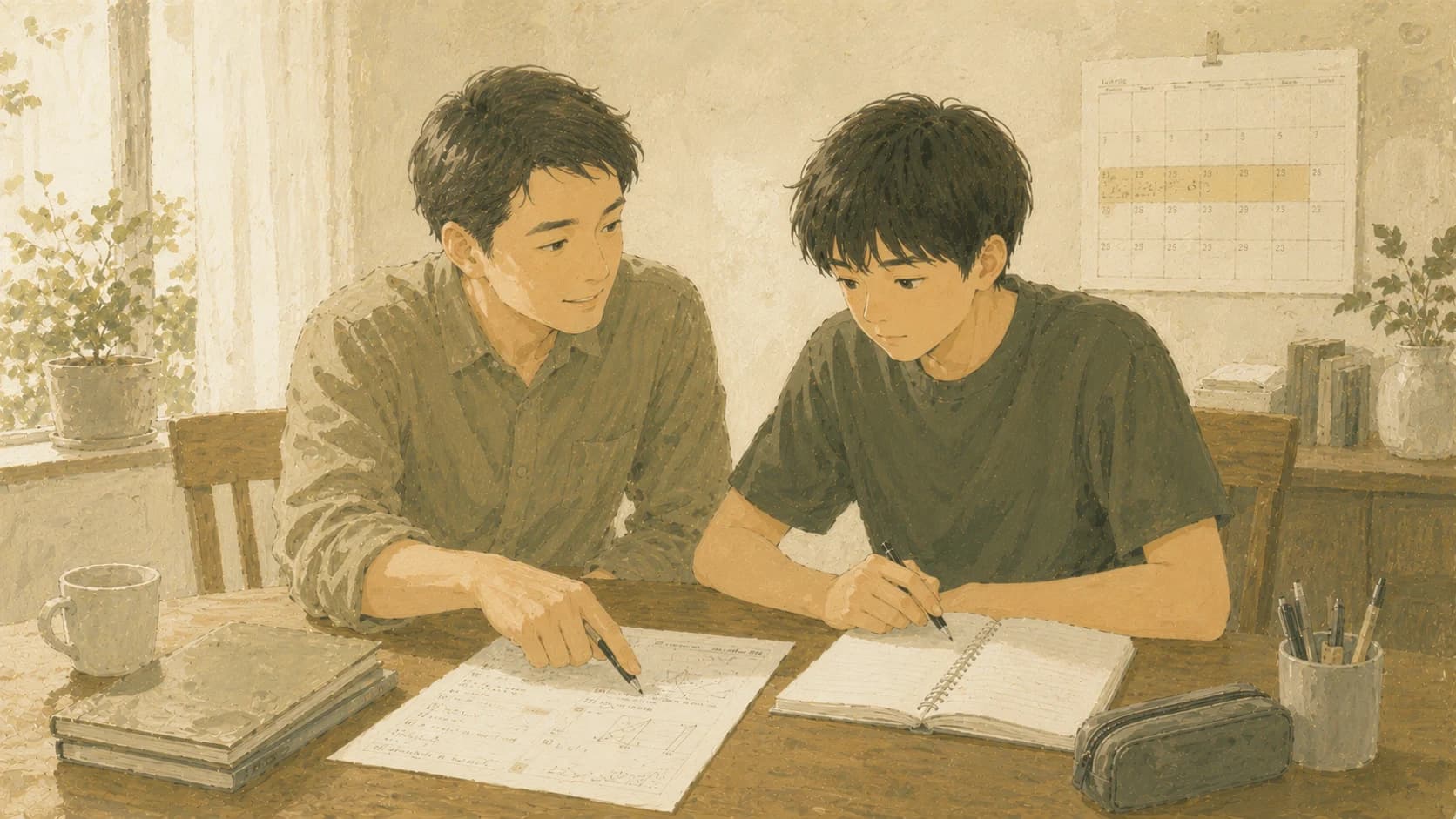 高1の夏休みに家庭教師と立て直しに取り組む生徒のイラスト