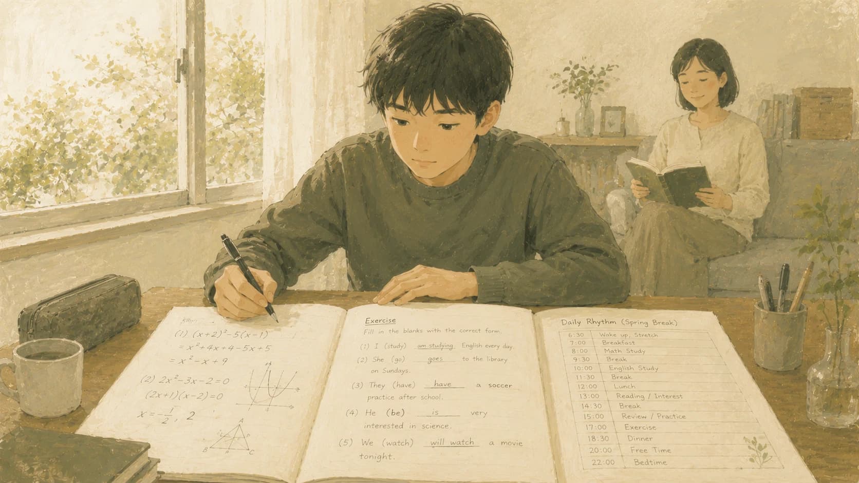 中3の春休みに高校数学・英語の準備をする生徒のイラスト