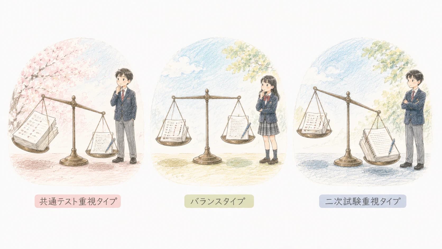 大学別の共テと2次の配点バランス3パターンを表すイラスト