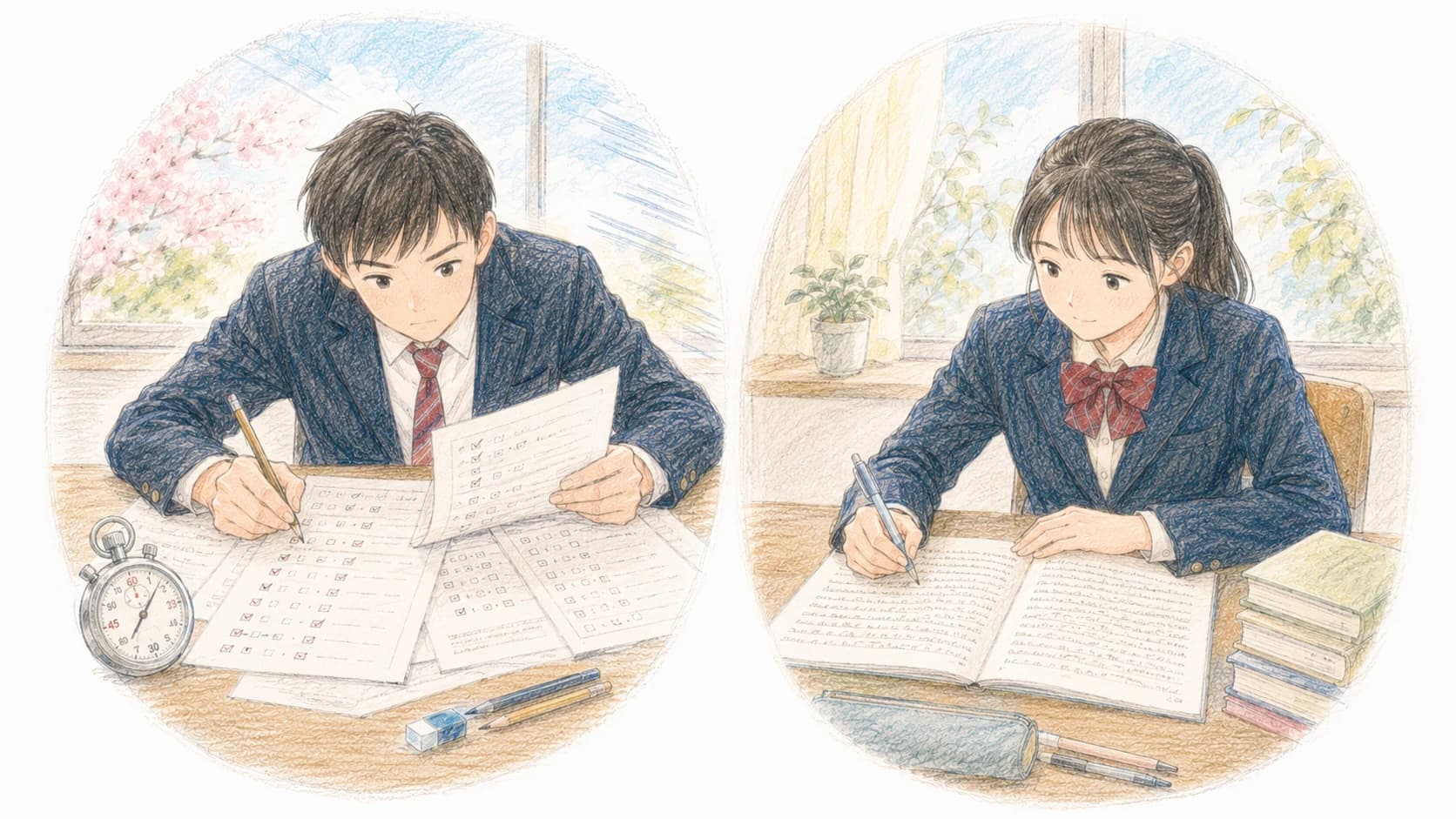 共通テストと2次試験の異なる試験形式を並べたイラスト