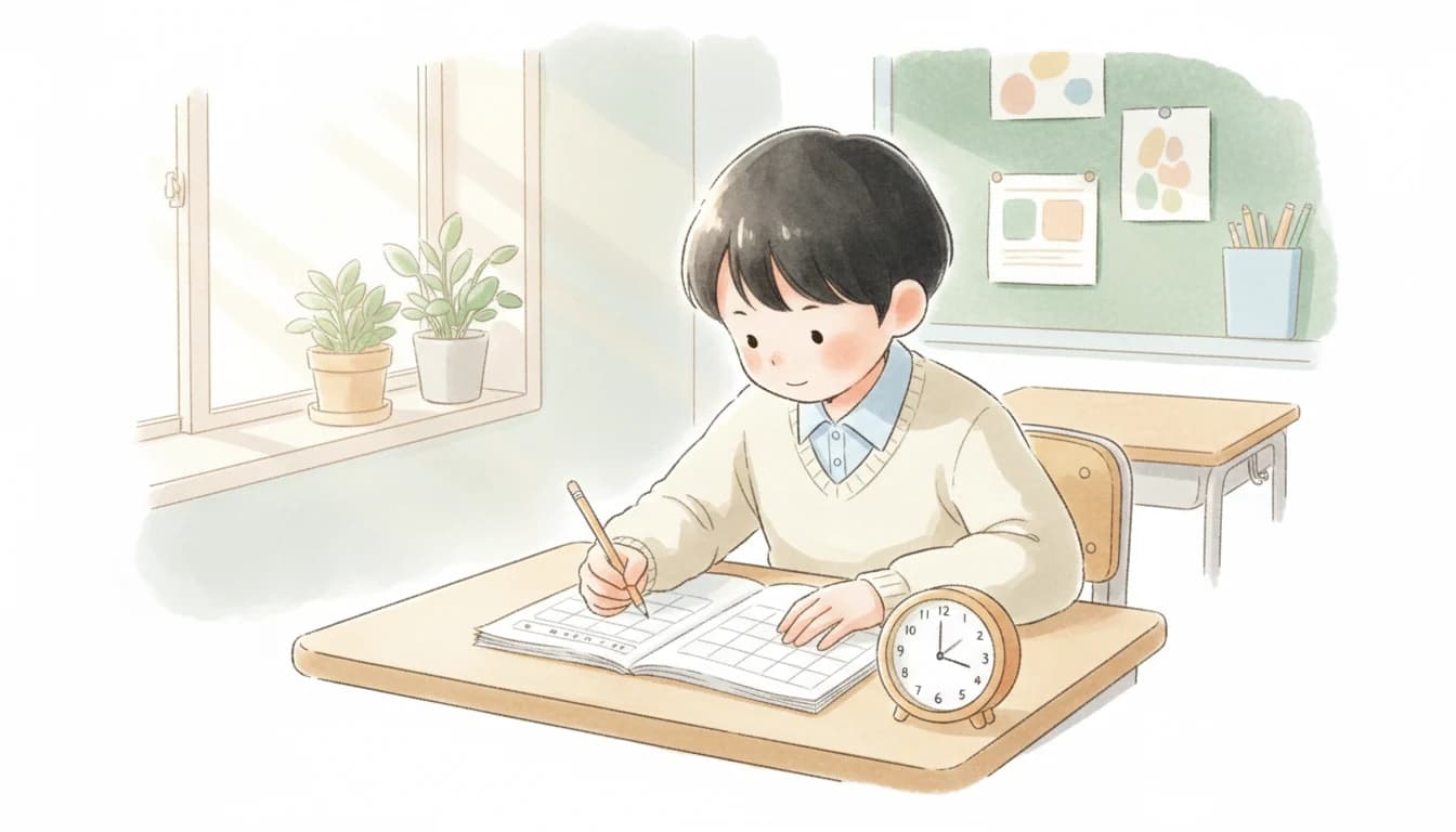 計算練習に取り組む小学生のイラスト