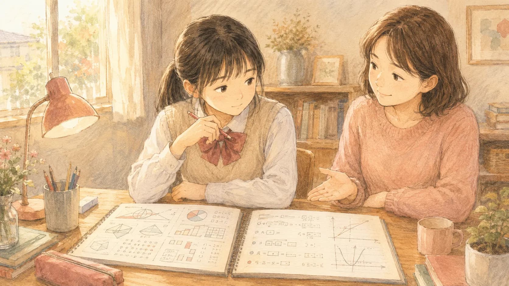 中学受験算数と中学数学の両方のノートを見比べる中学生のイラスト