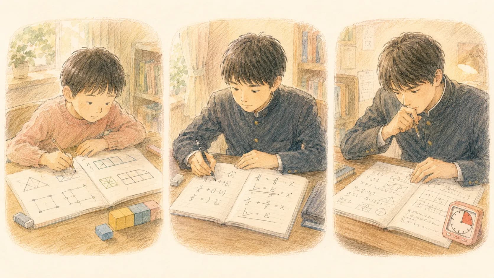 中学受験算数・学校数学・受験数学の3つの違いを表すイラスト