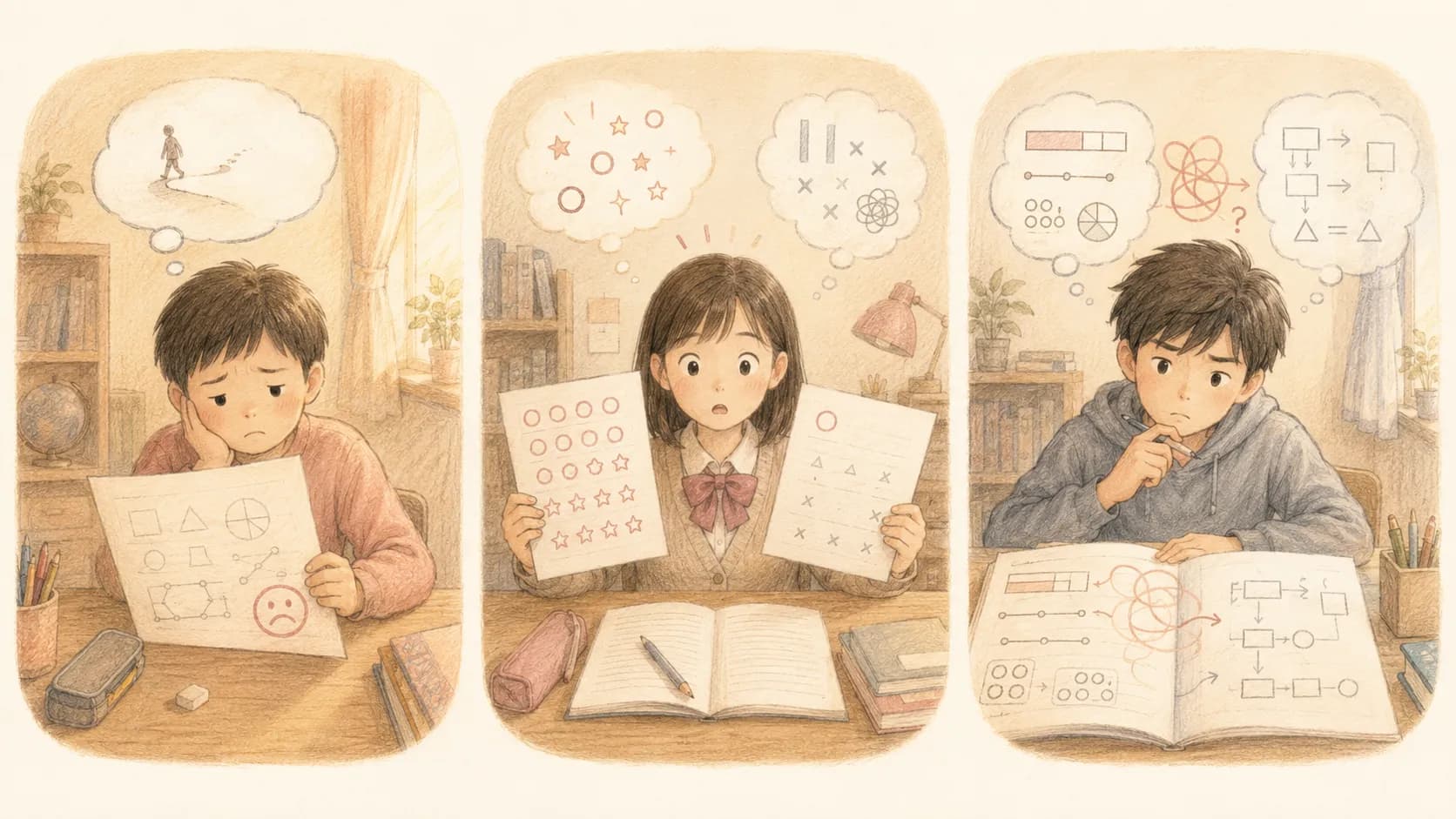3つの数学を混同して起きる失敗パターンを表すイラスト