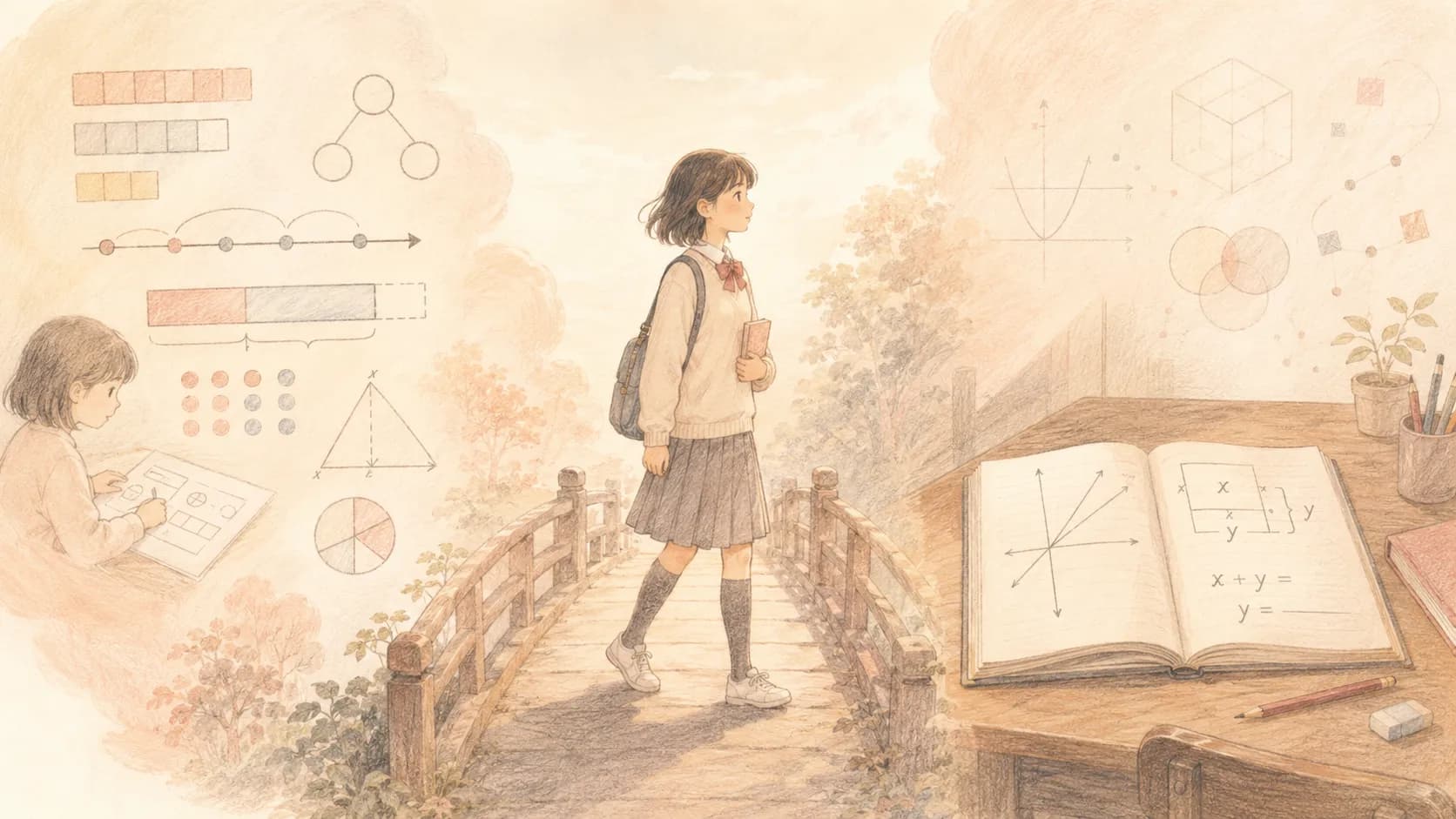 中学受験算数から中学数学への切り替えを表すイラスト