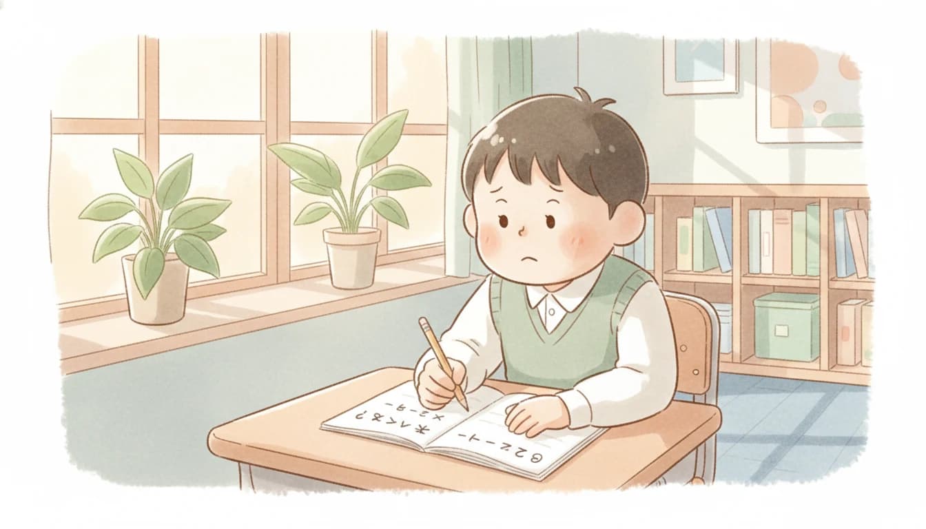 算数の文章題に悩む小学生のイラスト