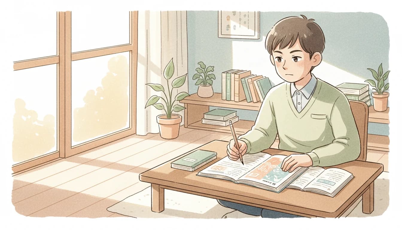 模試の復習に取り組む高校生のイラスト