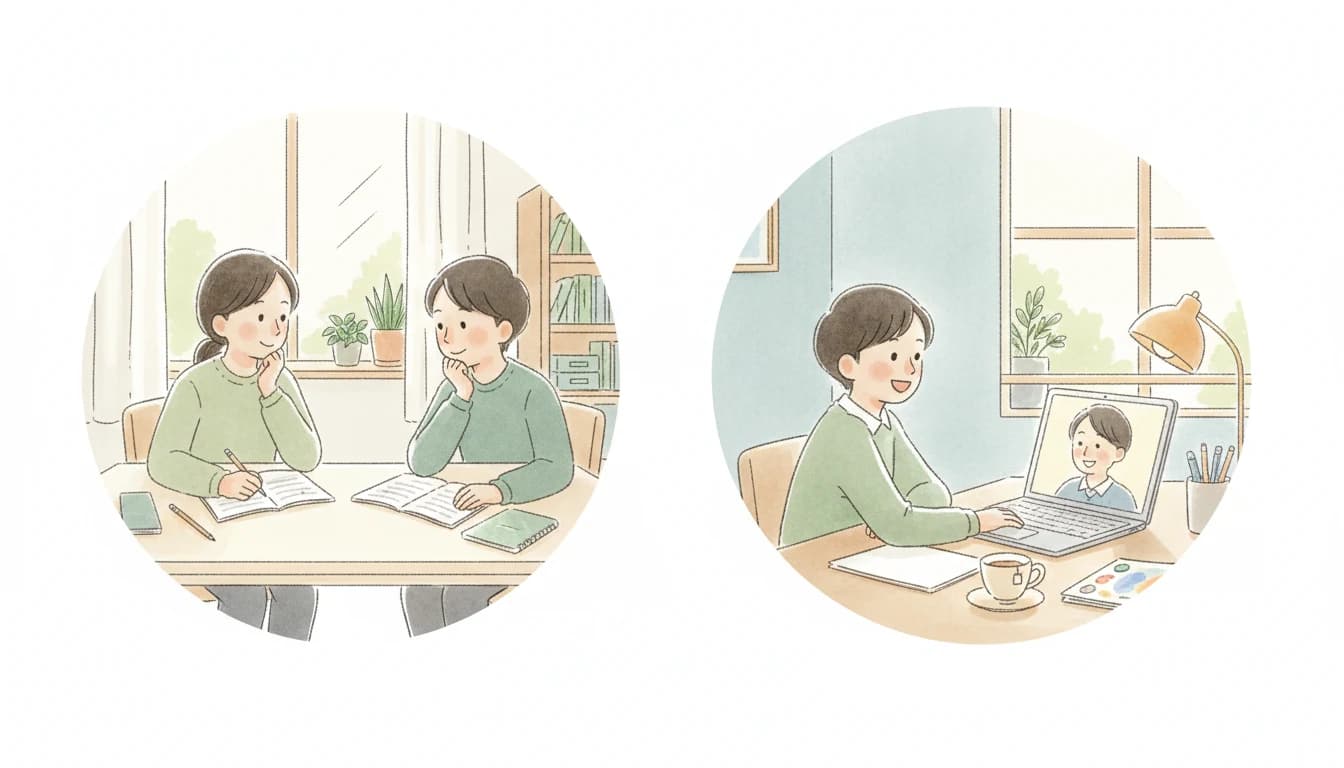 対面授業とオンライン授業の2つの学習形態を並べたイラスト