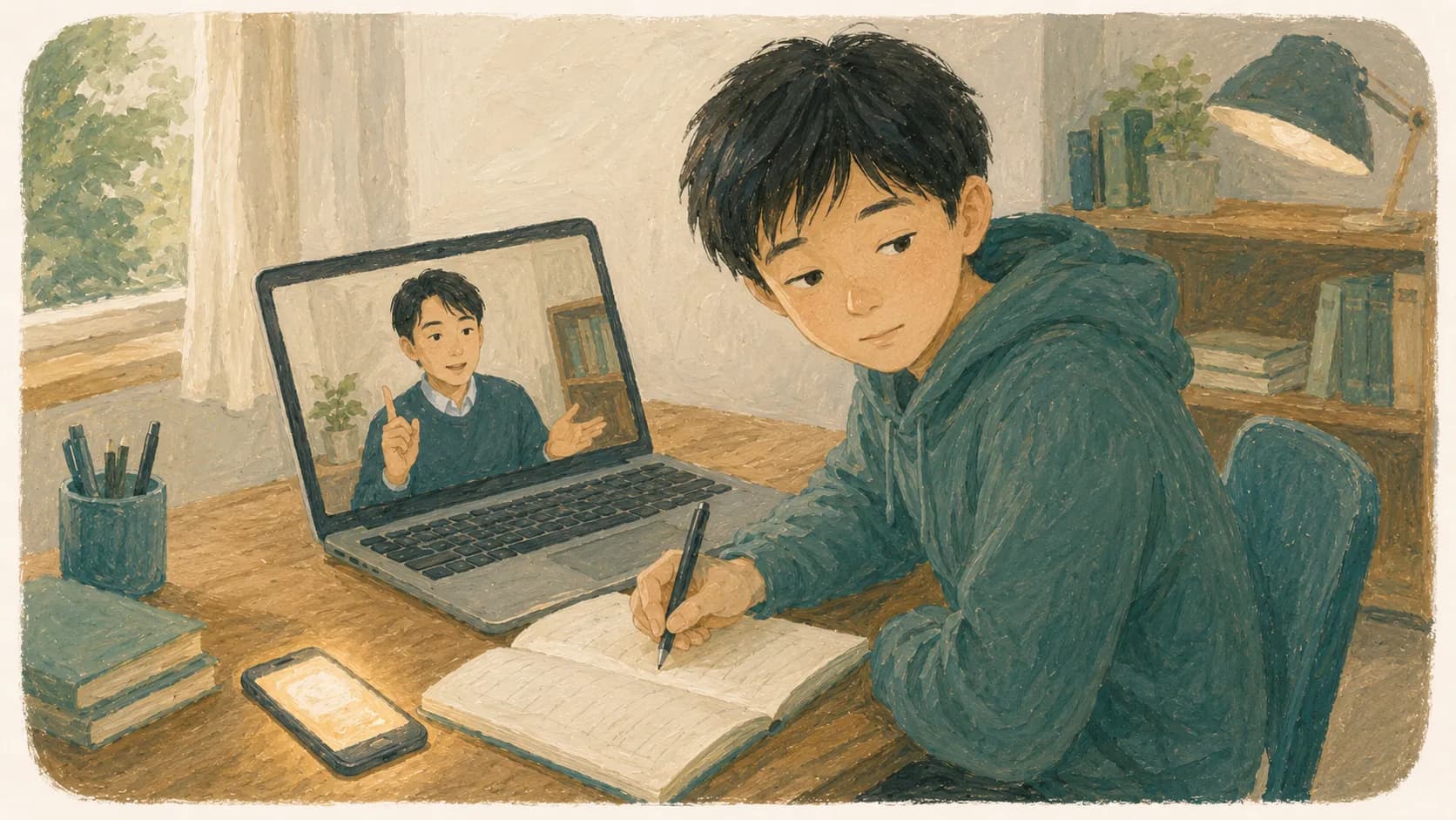 オンライン授業中にスマホに気を取られそうになる中学生のイラスト